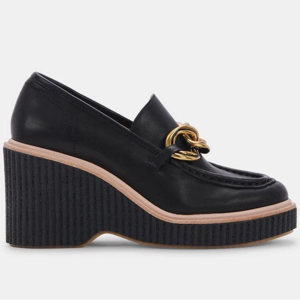 Dolce Vita Brennan Black Loafer Wedges with Gold Chain Detail - Picture 2 of 9